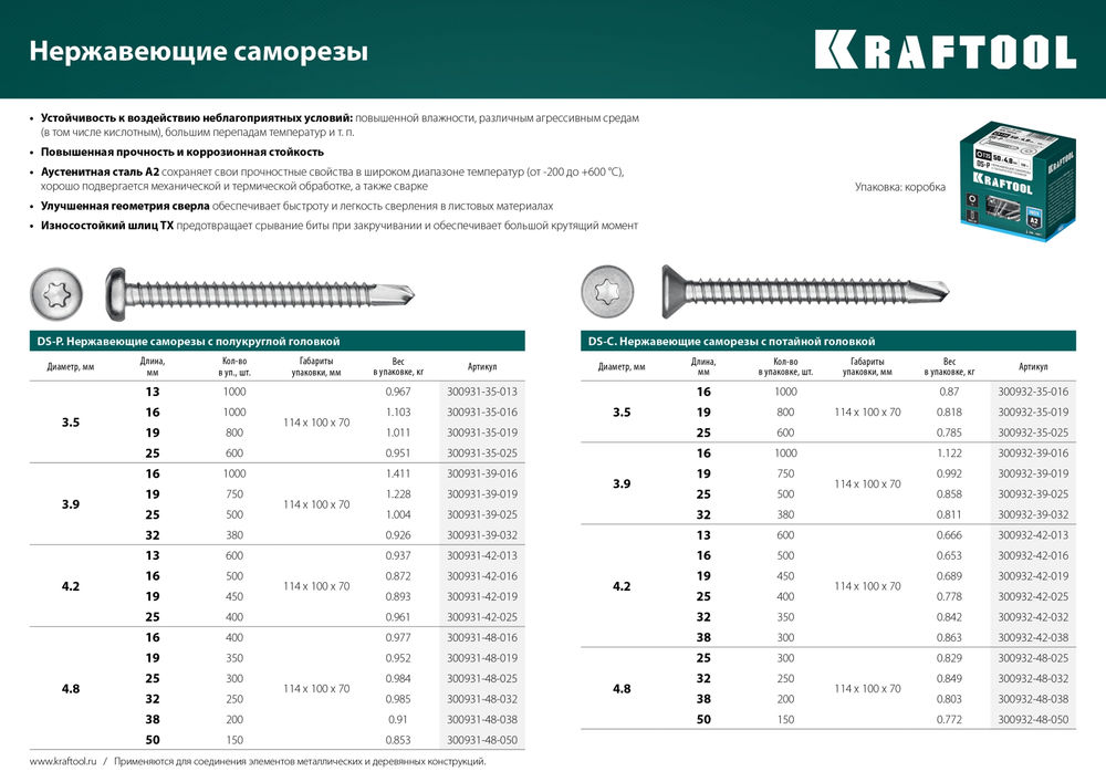 Саморез нержавеющий 19?3.9 мм DS-C А2 сверло потайная головка ТХ15 750 шт KRAFTOOL 300932-39-019