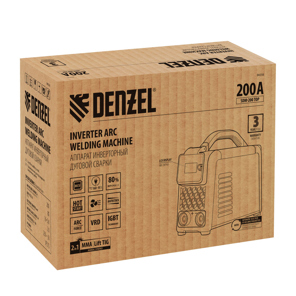 Аппарат инвертор. дуговой сварки SDM-200 Top, 200 А, ПВ 80% Denzel (94356)