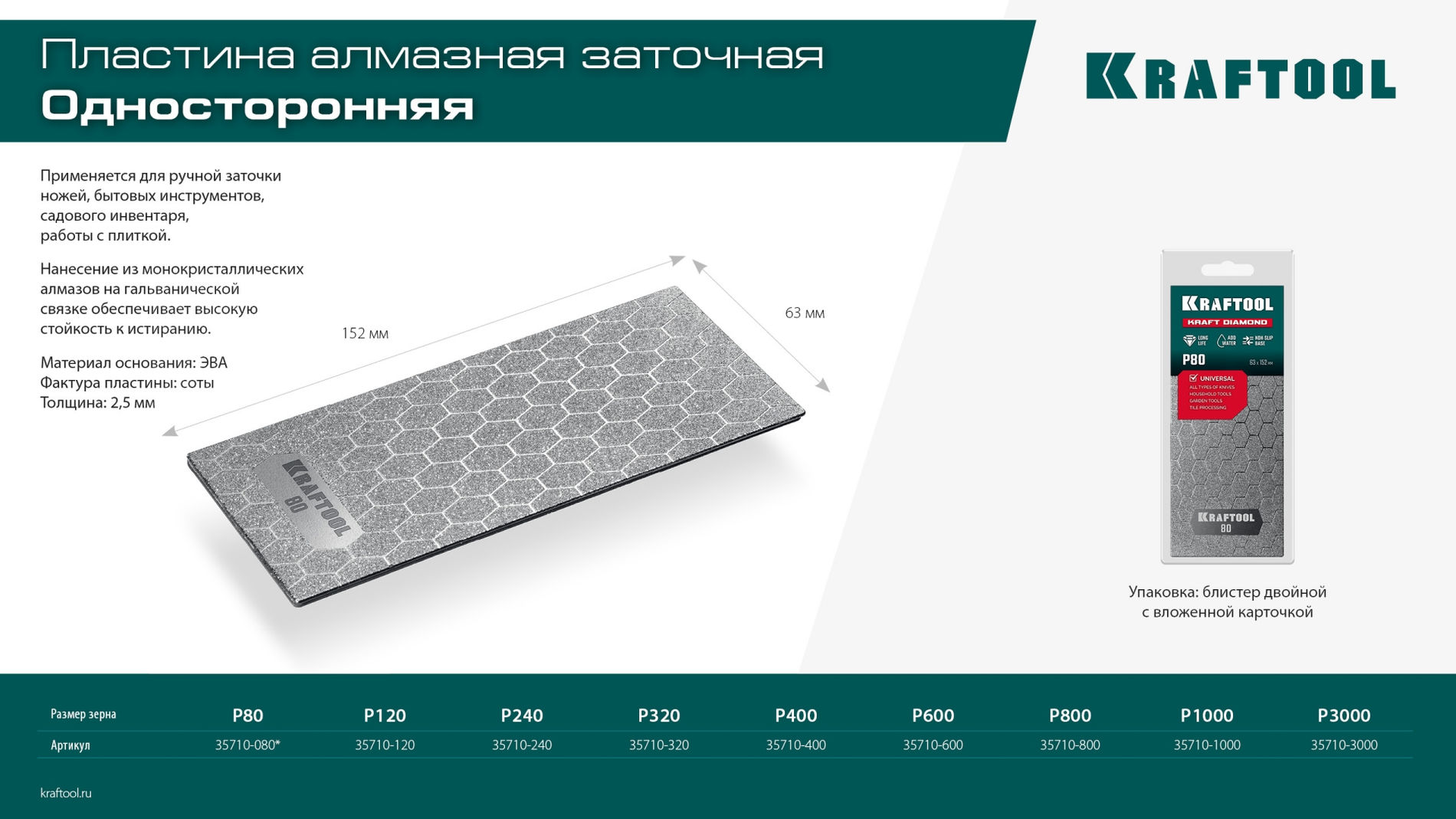 Пластина алмазная заточная 63?152 мм Р600 DIAMOND KRAFTOOL 35710-600