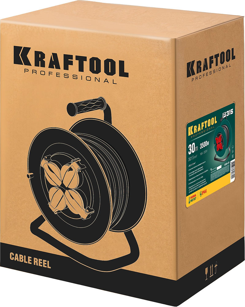 Силовой удлинитель на катушке 3 x 1.5 мм? 30 м P-315 ПВС 3500 Вт IP44 KRAFTOOL 55084-30
