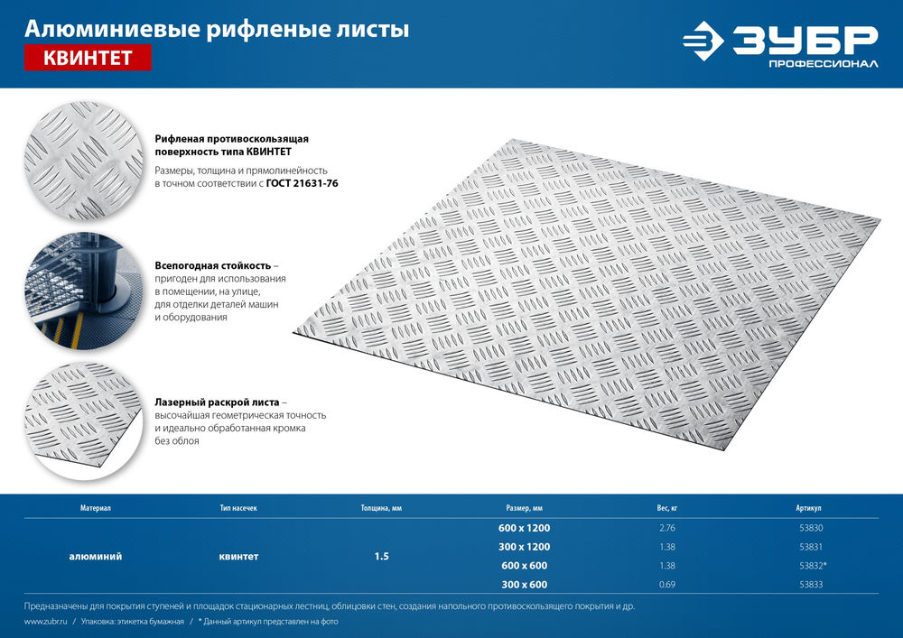 Лист алюминиевый рифлёный Квинтет 300 x 1200 x 1.5 мм ЗУБР Профессионал 53831