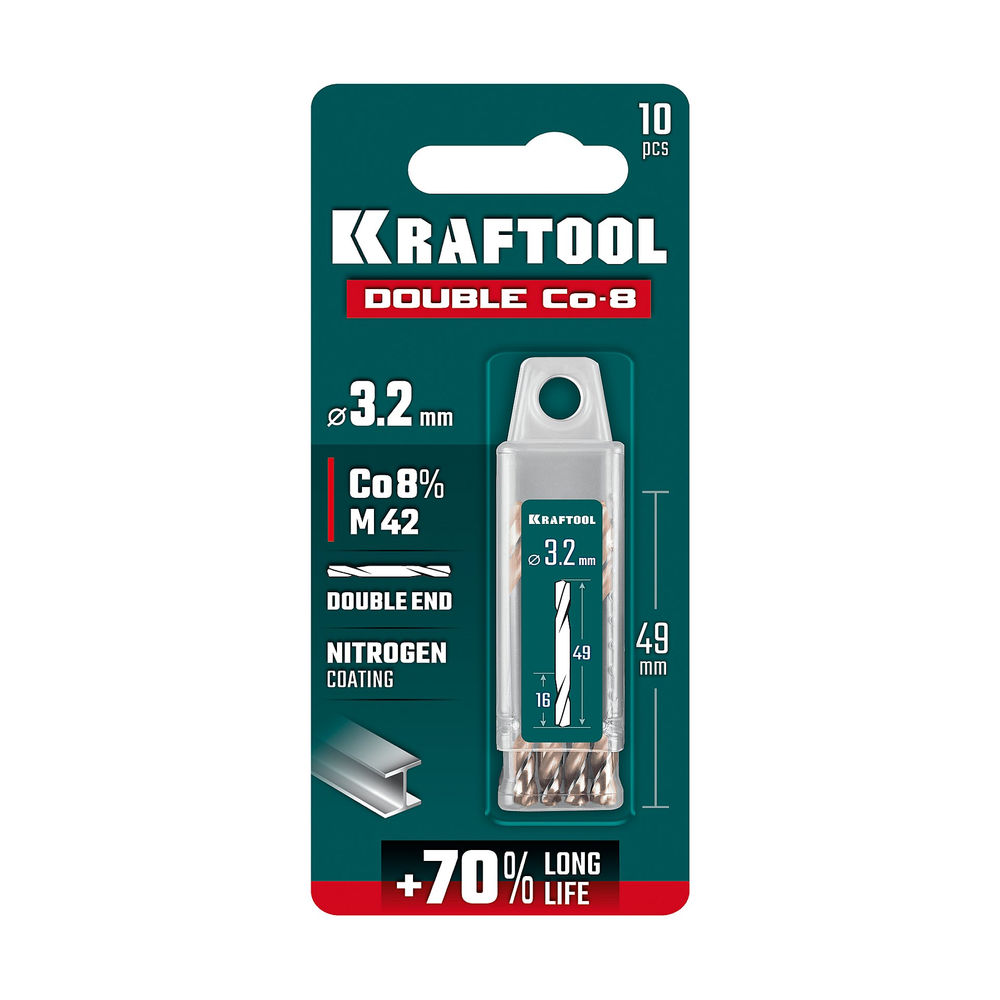 Сверло двухстороннее 3.2?49 мм по металлу DOUBLE Сo-8 сталь M42+8%Co класс А KRAFTOOL 29654-3.2-10