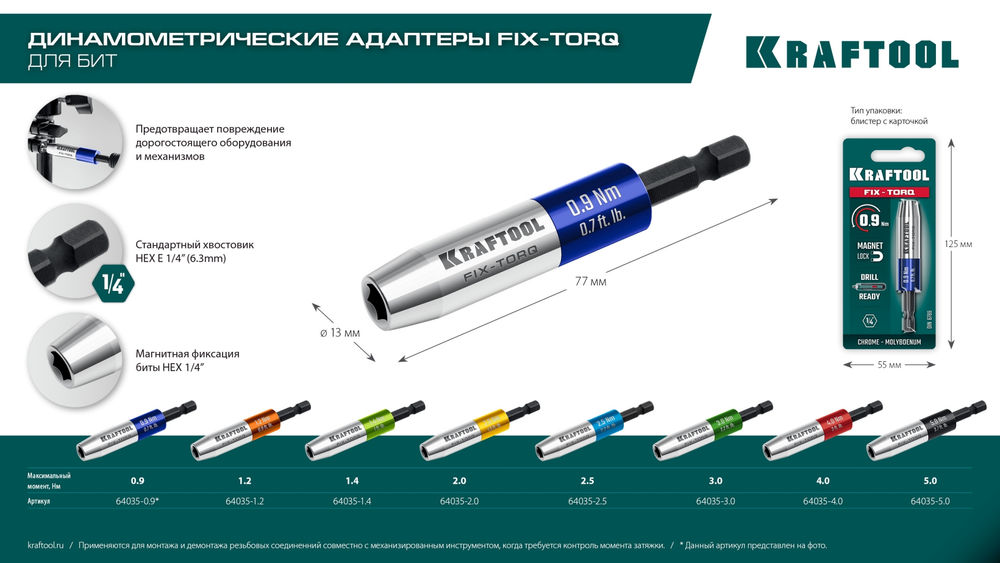 Динамометрический адаптер для бит FIX-TORQ, 3.0 Нм KRAFTOOL 64035-3.0