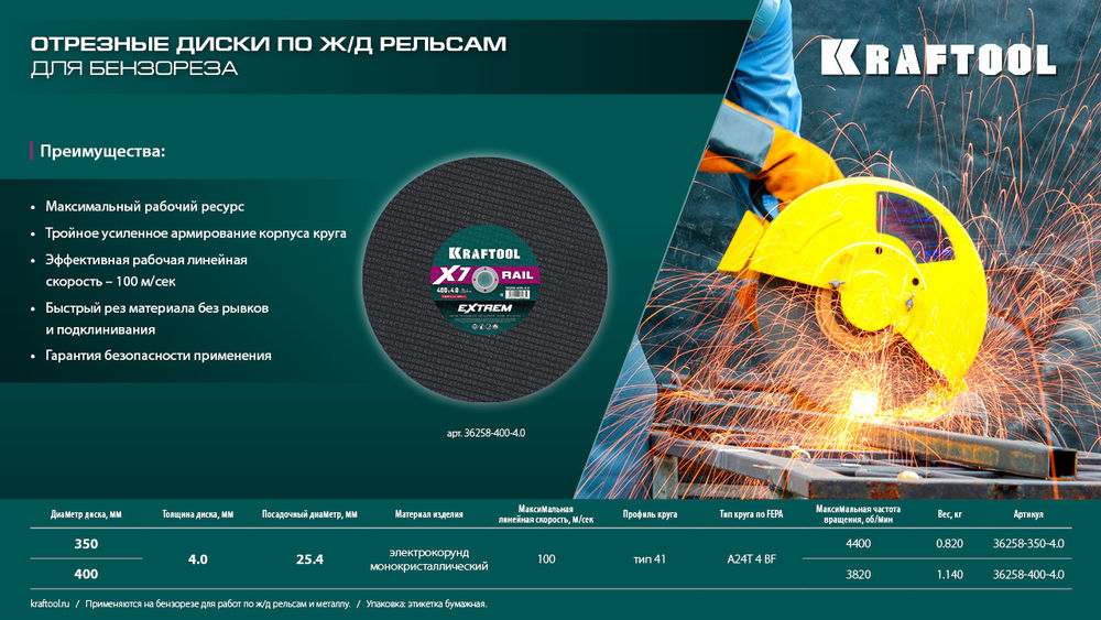 Отрезной диск для бензореза X7-EXTREM RAIL, 400x4.0 / 25.4 мм, по Ж/Д рельсам KRAFTOOL 36258-400-4.0