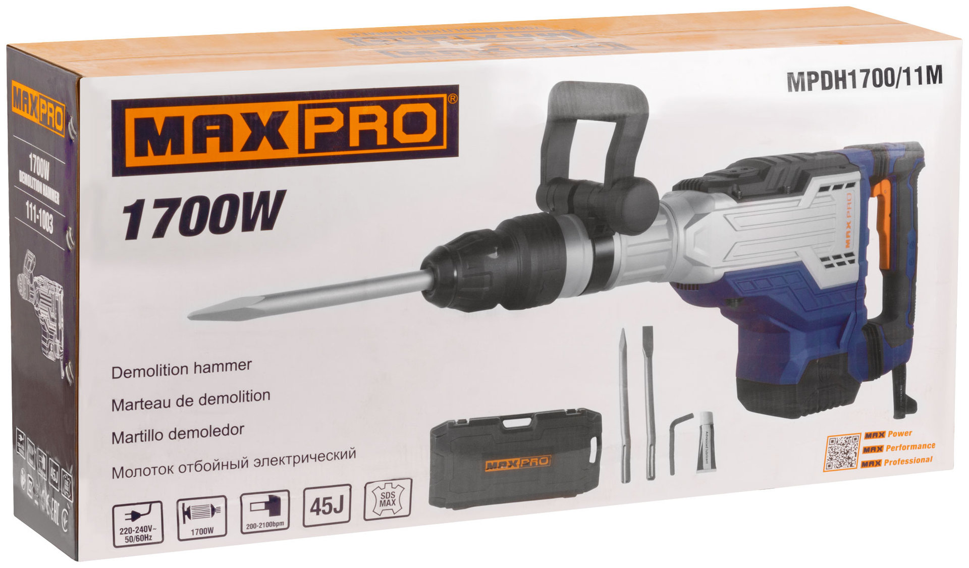 Молоток отбойный электрический, 1700 Вт, 200-2100 уд/мин, 45 Дж, SDS-MAX, 11,5 кг, резиновый кабель, дополнительные щетки, кейс, MAX-PRO, 85106
