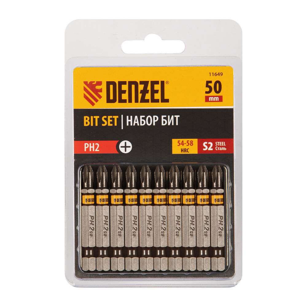 Бита PH2х50, сталь S2, шестигранный профиль, 10 шт. Е 6,3 Denzel (11649)