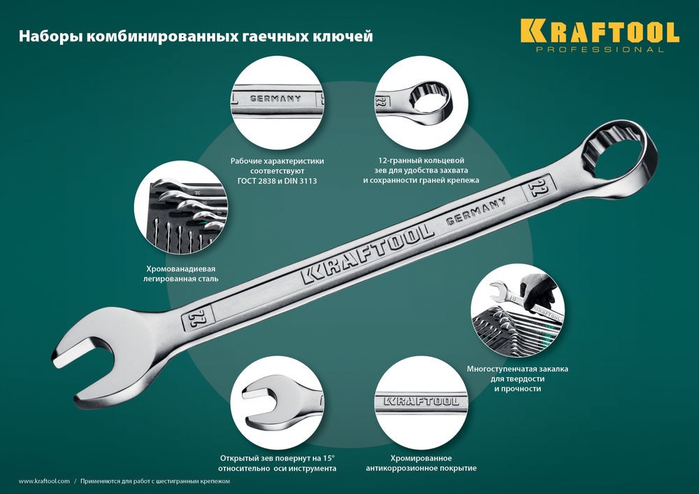 Набор ключей гаечных комбинированных 6 - 22 мм, 12 шт KRAFTOOL 27079-H12E