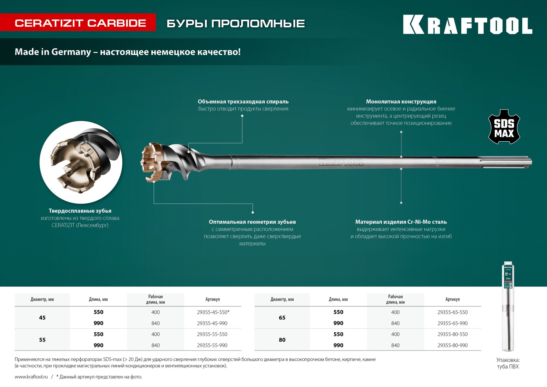 KRAFTOOL d 80 х 450/550 мм, SDS-max проломной бур (29355-80-550)