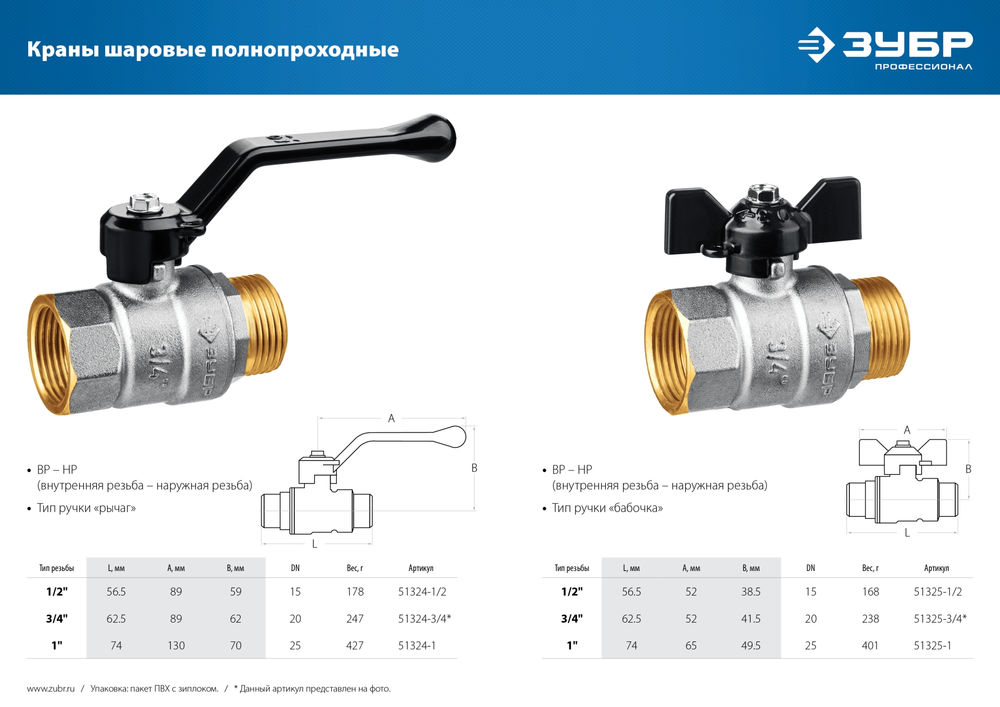 Шаровой кран d 3/4, ручка «бабочка» ЗУБР 51325-3/4