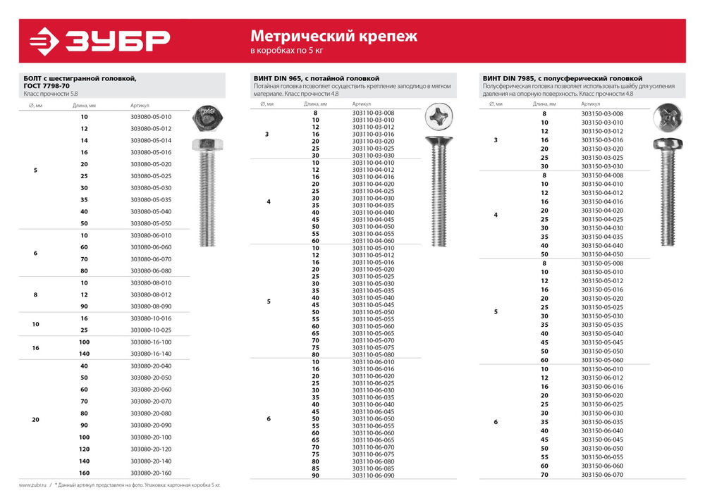 Болт M12 x 20 мм, кл. пр. 5.8, цинк, 5 кг, ГОСТ 7798-70 ЗУБР 303080-12-020