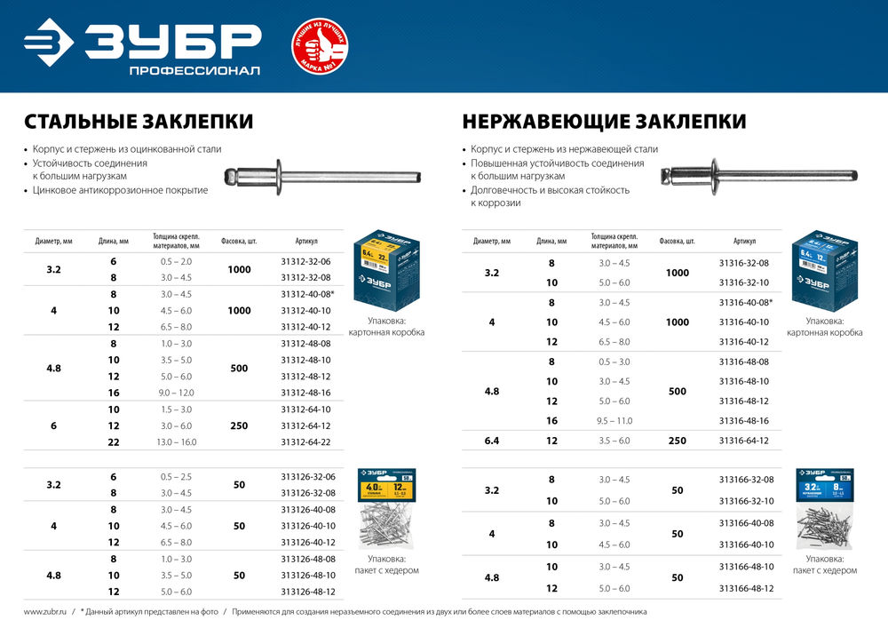 Заклёпки нержавеющие 4.8?10 мм 50 шт ЗУБР Профессионал 313166-48-10