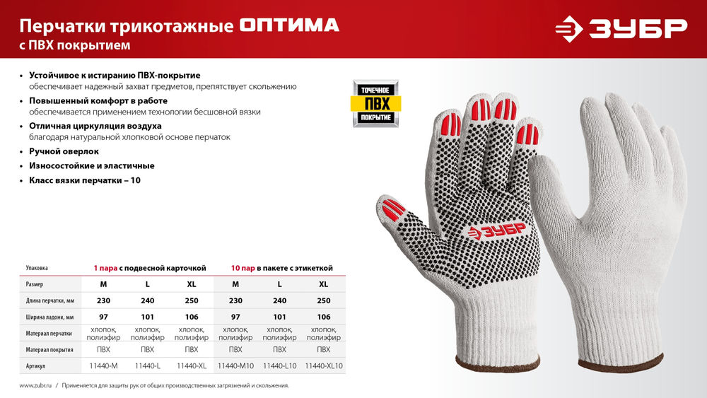 Перчатки х/б ОПТИМА, XL (10), с ПВХ покрытием (точка), 10 класс, 10 пар ЗУБР 11440-XL10