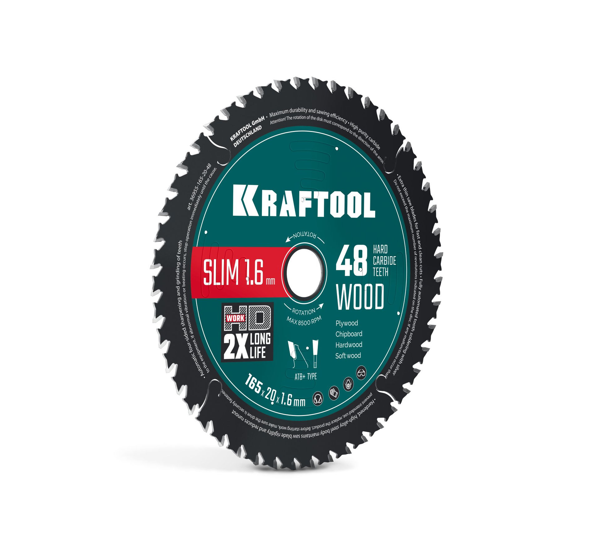 Диск пильный по дереву Slim wood cut, 165 х 20 x 1.6 мм, 48Т KRAFTOOL 36955-165-20-48