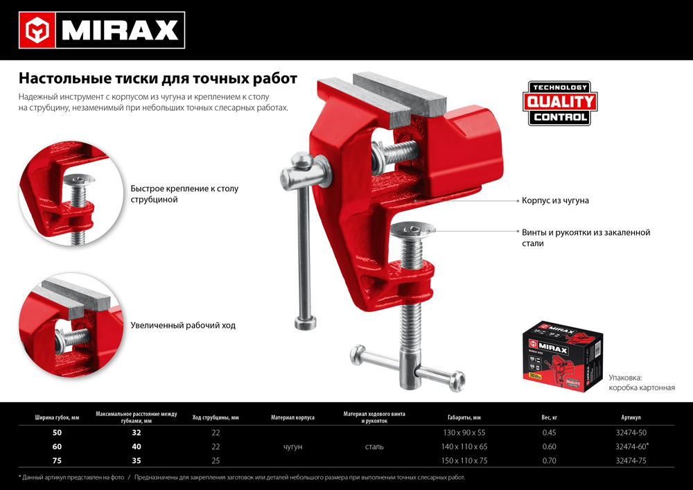 Настольные тиски 50 мм MIRAX 32474-50