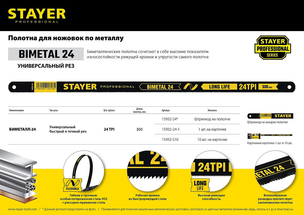 Полотно биметаллическое по металлу Bimetal-24, 24 TPI, 300 мм, 1 шт STAYER Professional 15932-24