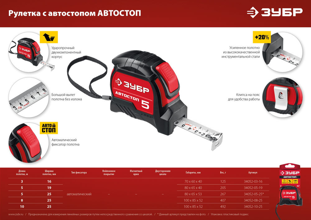 Рулетка 5 м х 25 мм с автостопом ЗУБР Автостоп 34052-05-25