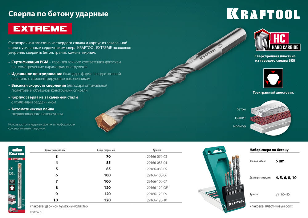 Сверло по бетону Extreme, 10 х 120 мм, трехгранный хвостовик KRAFTOOL 29166-120-10