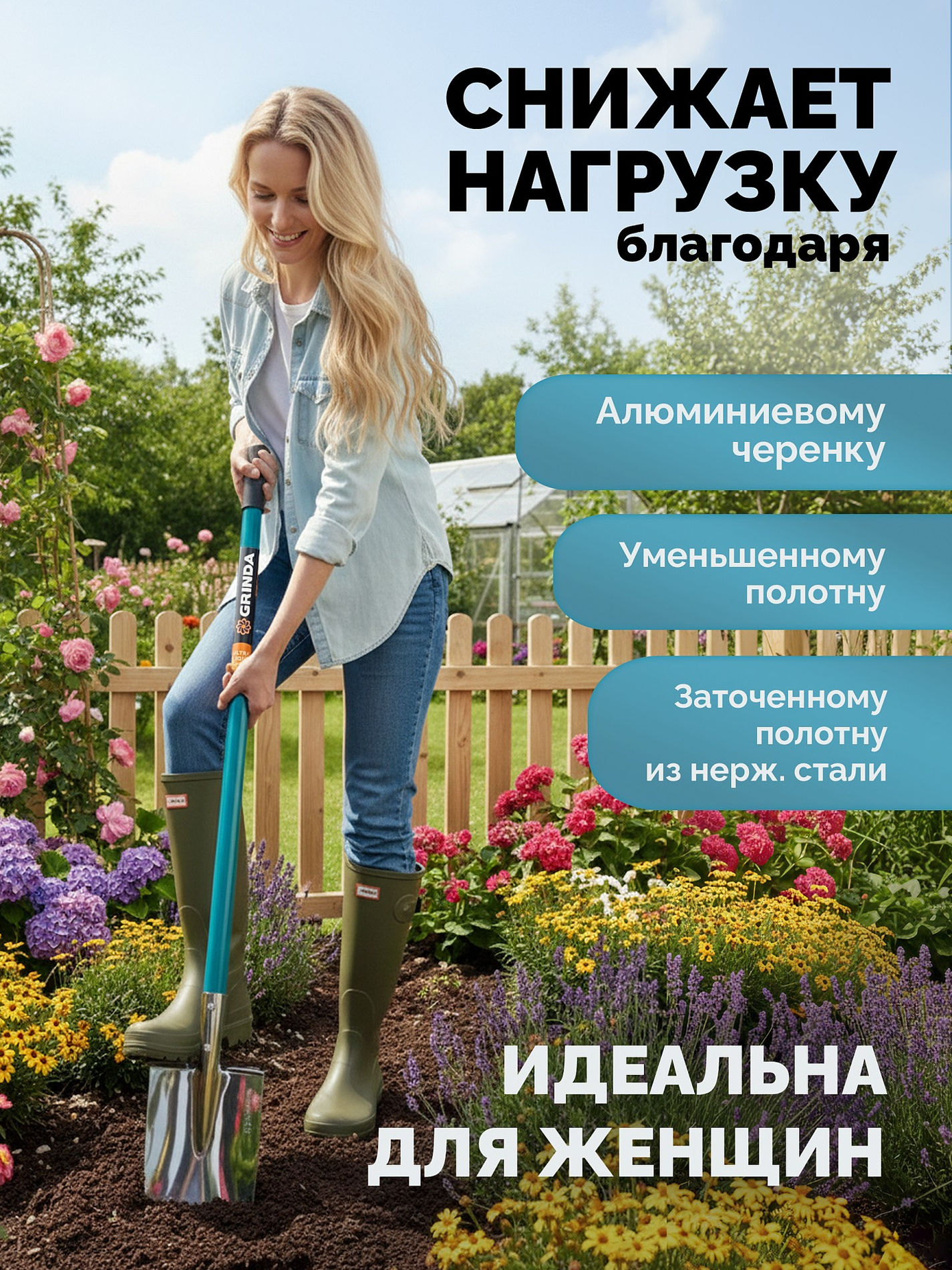 Лопата дамская штыковая прямоугольная PROLine 200х170х1200мм алюминиевый черенок GRINDA WS-3 421828