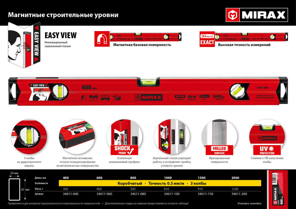 Магнитный уровень 2000 мм, с зеркальным глазком MIRAX 34611-200