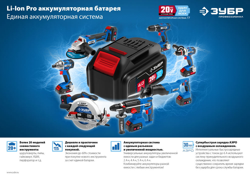 Зарядное устройство для Li-Ion АКБ 20 В 6 А T7 ЗУБР RT7-20-6