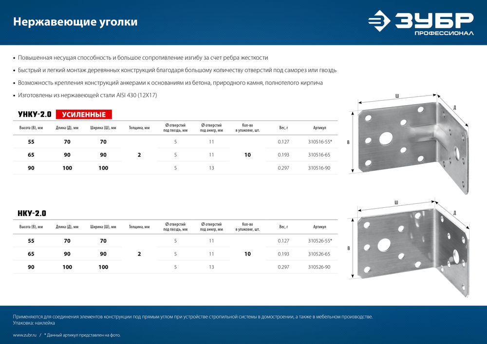 Крепежный уголок усиленный нержавеющий УНКУ-2.0 90 x 100 x 100 x 2 мм ЗУБР Профессионал 310516-90