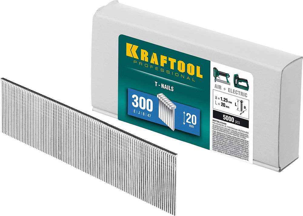 Гвозди тип 300 (47/J/F), 20 мм, калибр 18GA, 5000 шт KRAFTOOL 31785-20