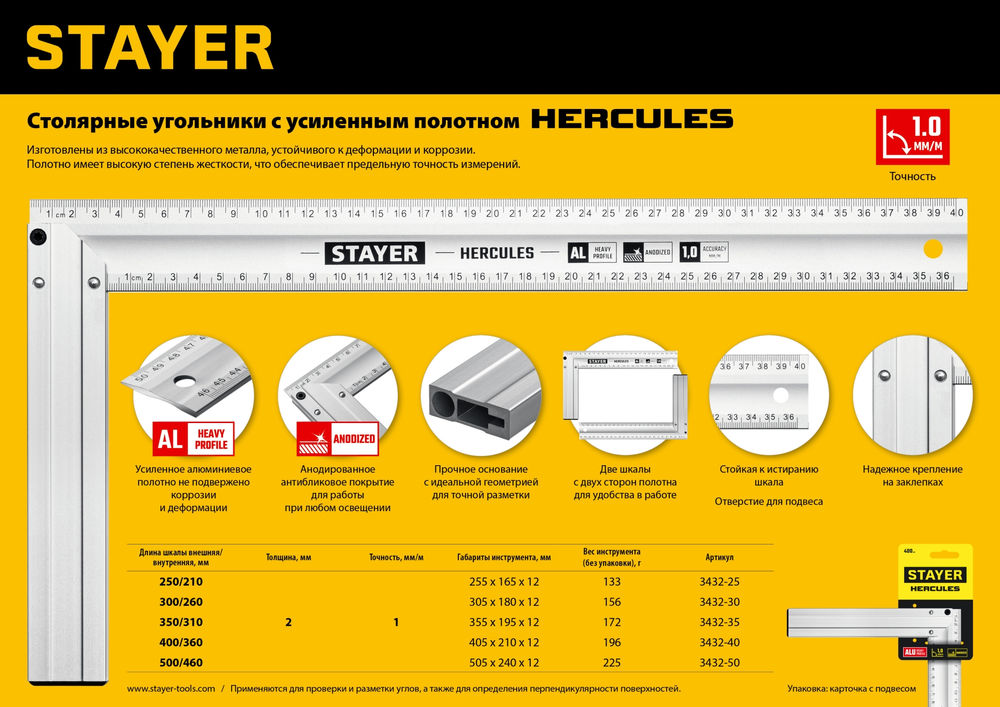 Угольник столярный 350 мм, жесткий STAYER Professional 3432-35