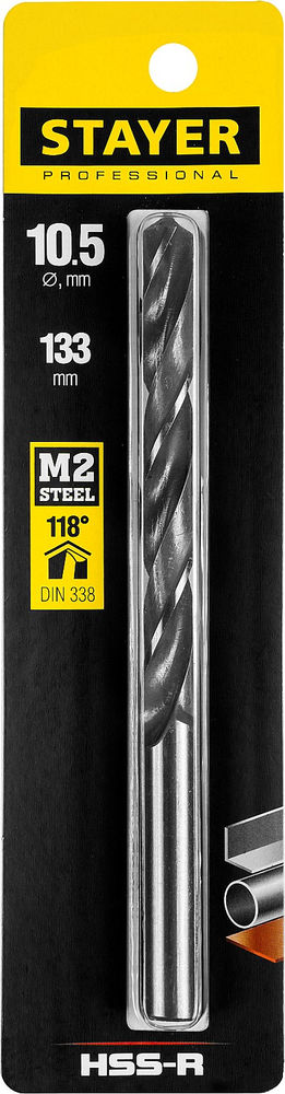 Сверло по металлу быстрорежущая сталь P6M5 Professional HSS-R STAYER 10.5x133 мм 29602-10.5  