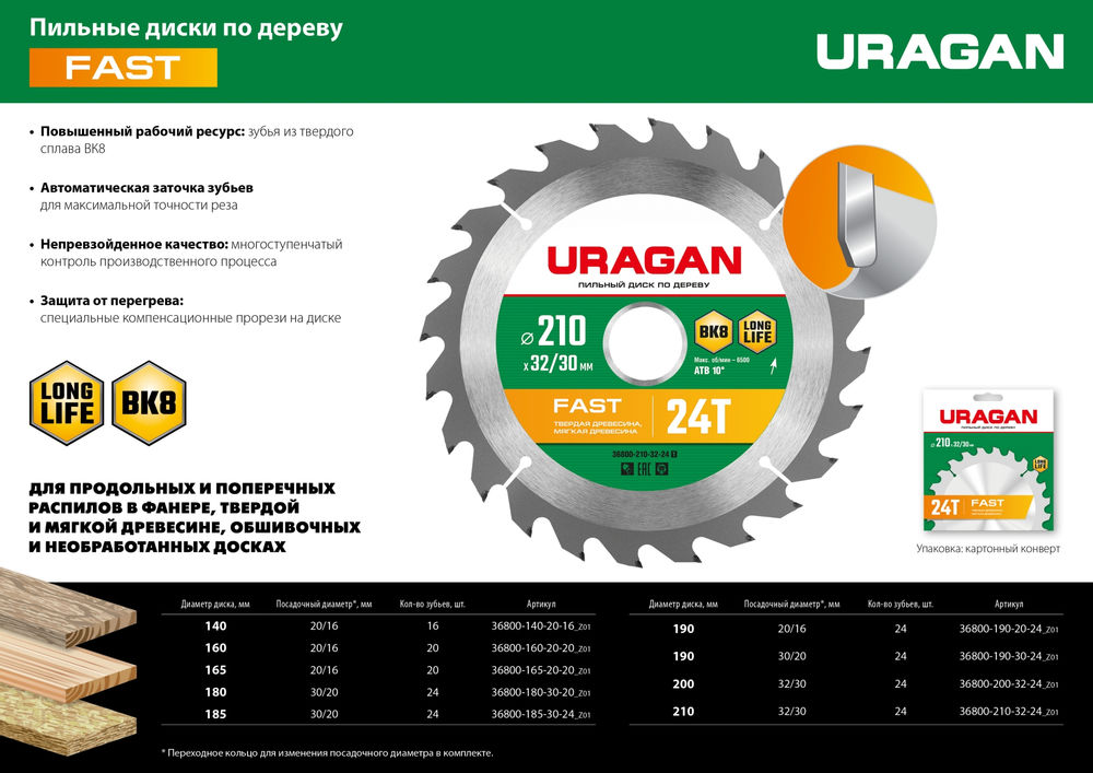 Диск пильный по дереву Fast URAGAN 200х32/30 мм 24Т 36800-200-32-24_z01  