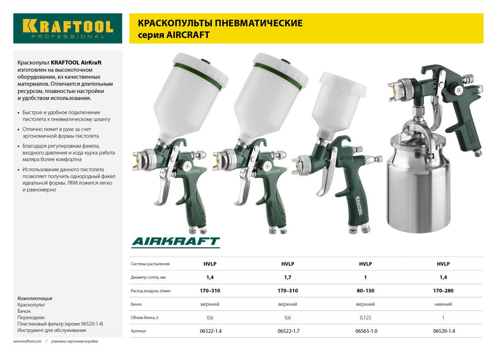 Пневматический краскопульт с верхним бачком AirKraft, HVLP, 1.4 мм KRAFTOOL 06522-1.4