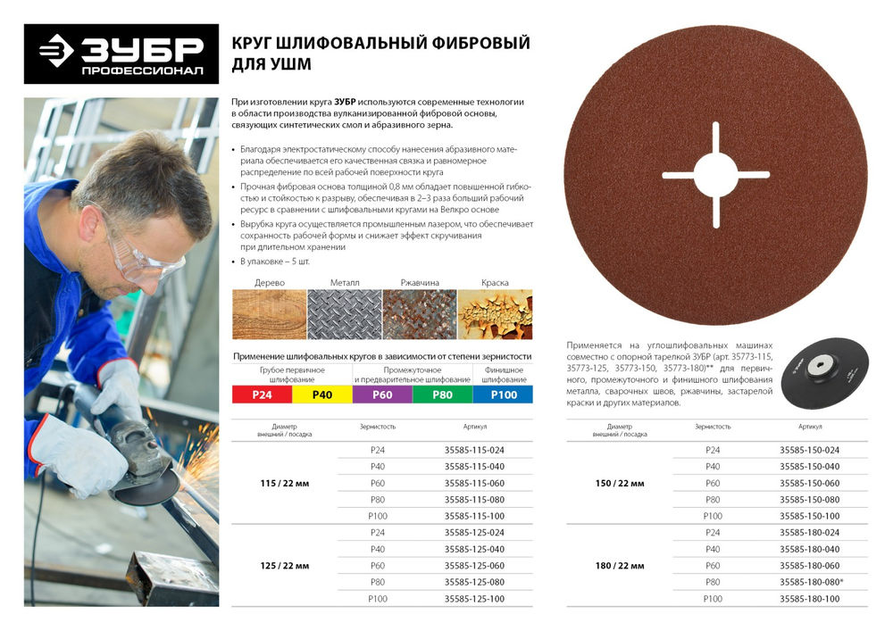 Круг шлифовальный фибровый Профи 125 x 22 мм, P24, для УШМ, 5 листов ЗУБР 35585-125-024