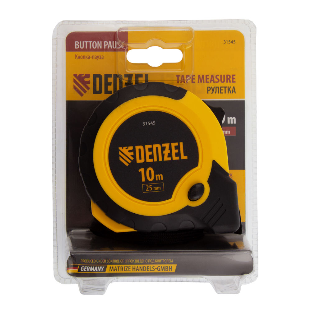 Рулетка 10м х 25мм, двухкомп. корпус, кнопка-пауза Denzel