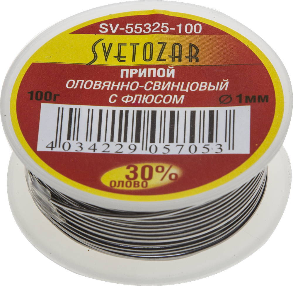 Припой ПОС 30, 1 мм, 100 г, трубка с флюсом, катушка СВЕТОЗАР SV-55325-100