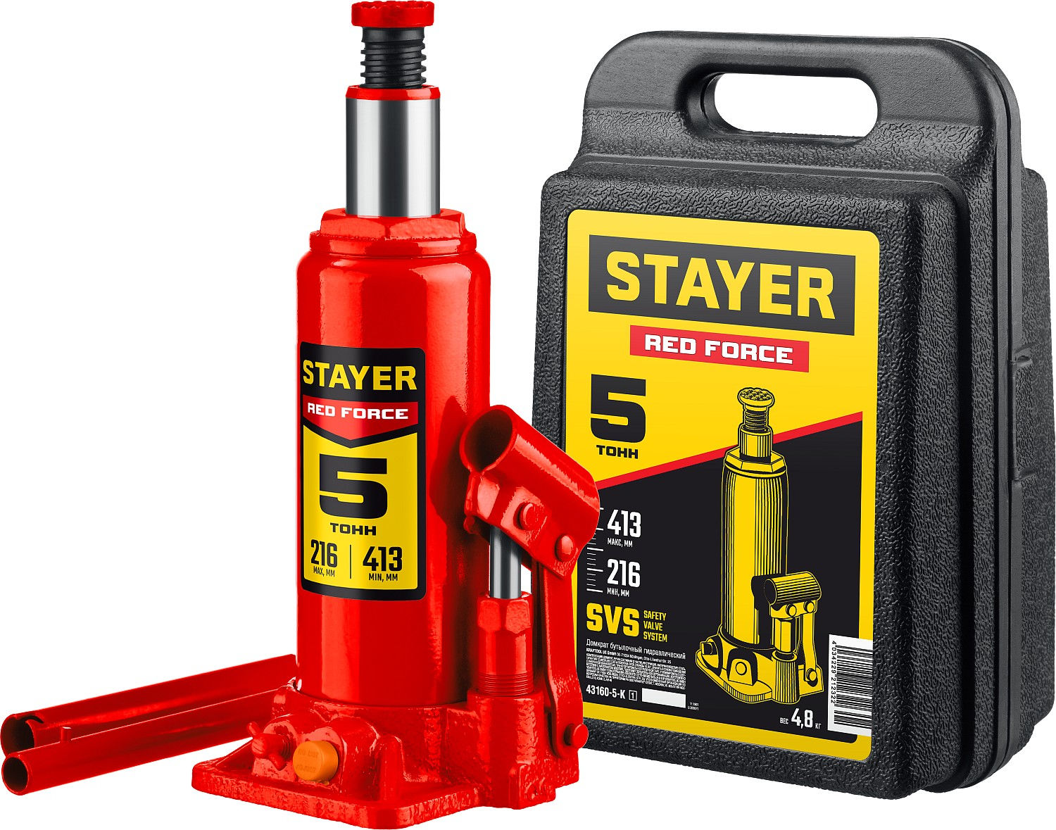 Домкрат бутылочный гидравлический в кейсе 5 т, 216 - 413 мм RED FORCE Professional STAYER 43160-5-K