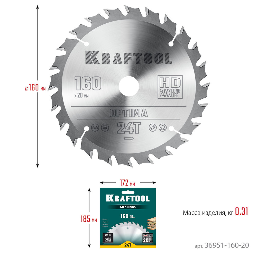 Пильный диск по дереву Optima, 160 х 20 мм, 24Т KRAFTOOL 36951-160-20