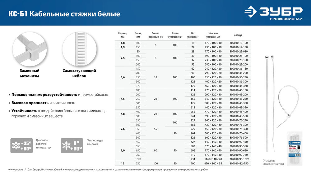 Кабельные стяжки КС-Б1, 7.6 x 350 мм, нейлон РА66, 50 шт, белые ЗУБР Профессионал 309010-76-350