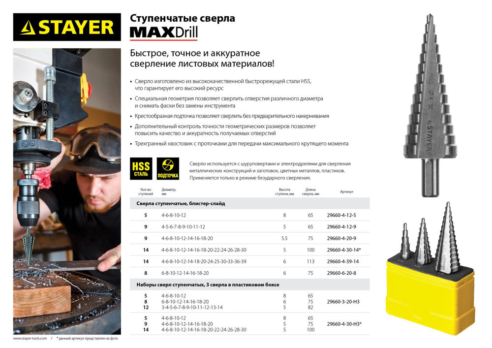 Сверла ступенчатые набор 3 шт, 4-30 мм, сталь HSS STAYER 29660-4-30-H3