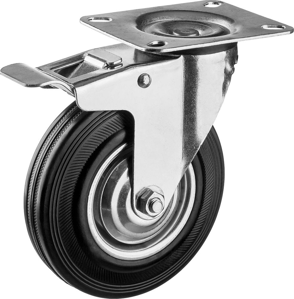 Колесо поворотное с тормозом d 125 мм, г/п 100 кг, игольчатый подшипник, резина/металл ЗУБР Профессионал 30936-125-B