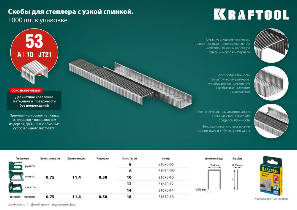 Скобы тип 53 (A/10/JT21), 18 мм, калибр 23GA, 1000 шт KRAFTOOL 31670-18