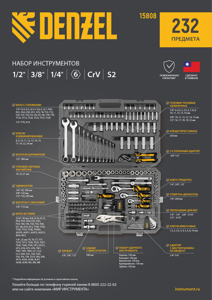 Набор инструментов, 1/2, 3/8, 1/4, CrV, S2, пластиковый кейс, 232 предмета Denzel