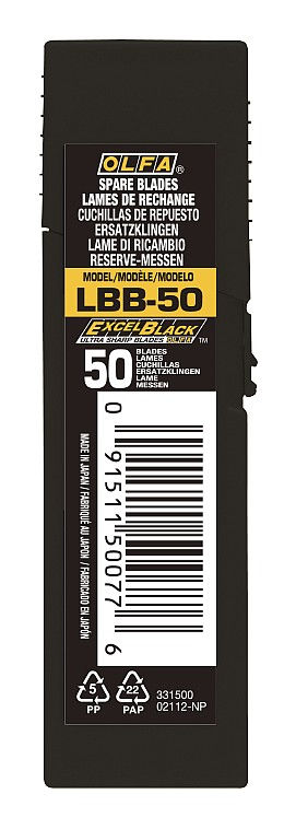 Черные сегментированные лезвия EXCEL BLACK 18 мм, 50 шт, в пластиковом кейсе, особо острые OLFA OL-LBB-50
