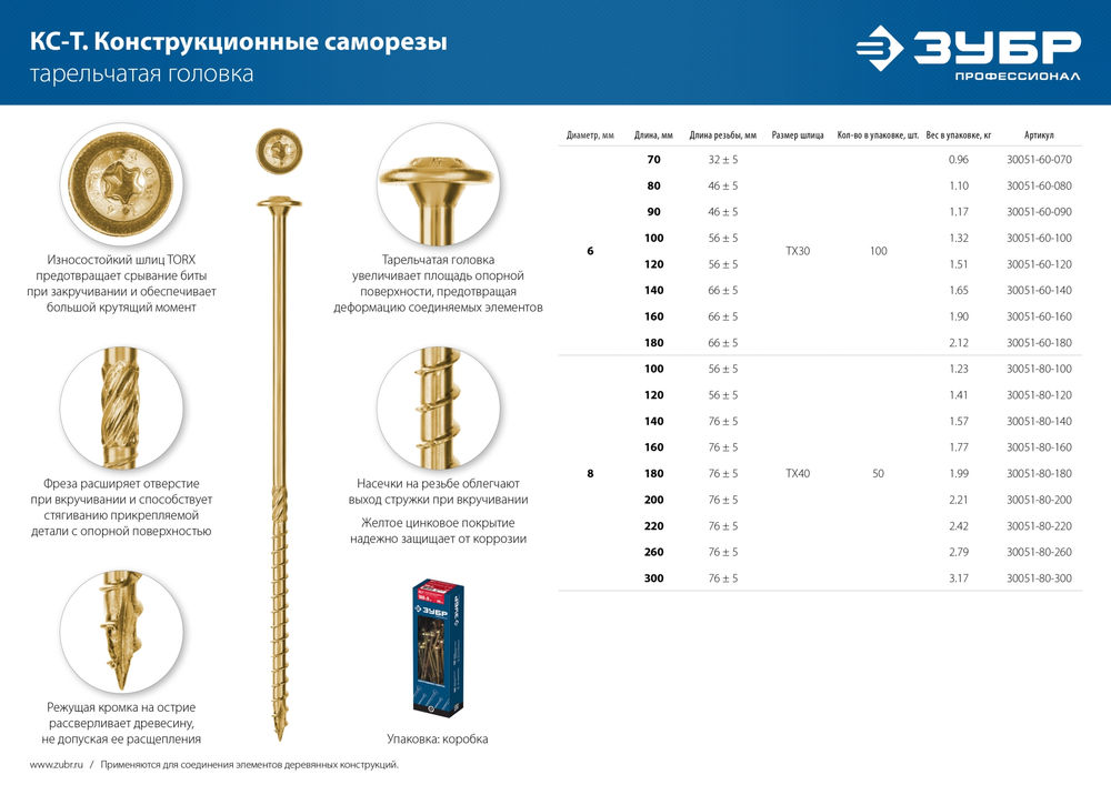 Конструкционный саморез КС-Т, 90 х 6.0 мм, TX30, тарельчатая головка, желтый цинк, 100 шт ЗУБР Профессионал 30051-60-090