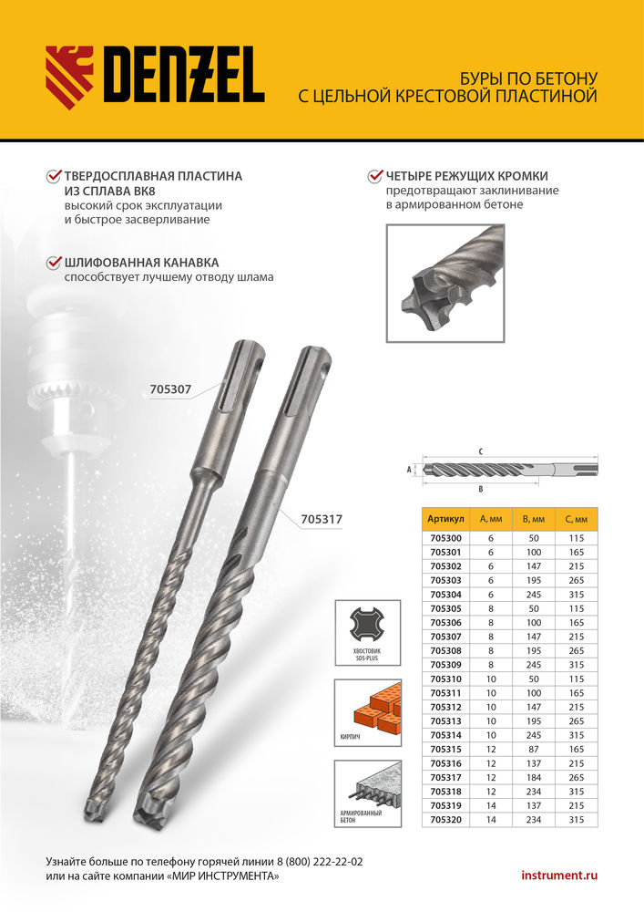 Бур по бетону, цельная крестовая пластина, 6x215 мм, SDS PLUS Denzel (705302)