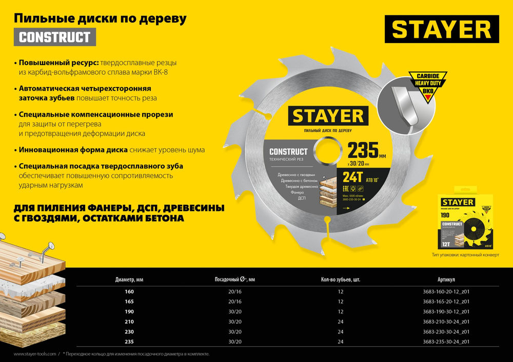 Диск пильный по дереву Construct, 190 x 30/20 мм, 12Т, технический рез STAYER 3683-190-30-12_z01