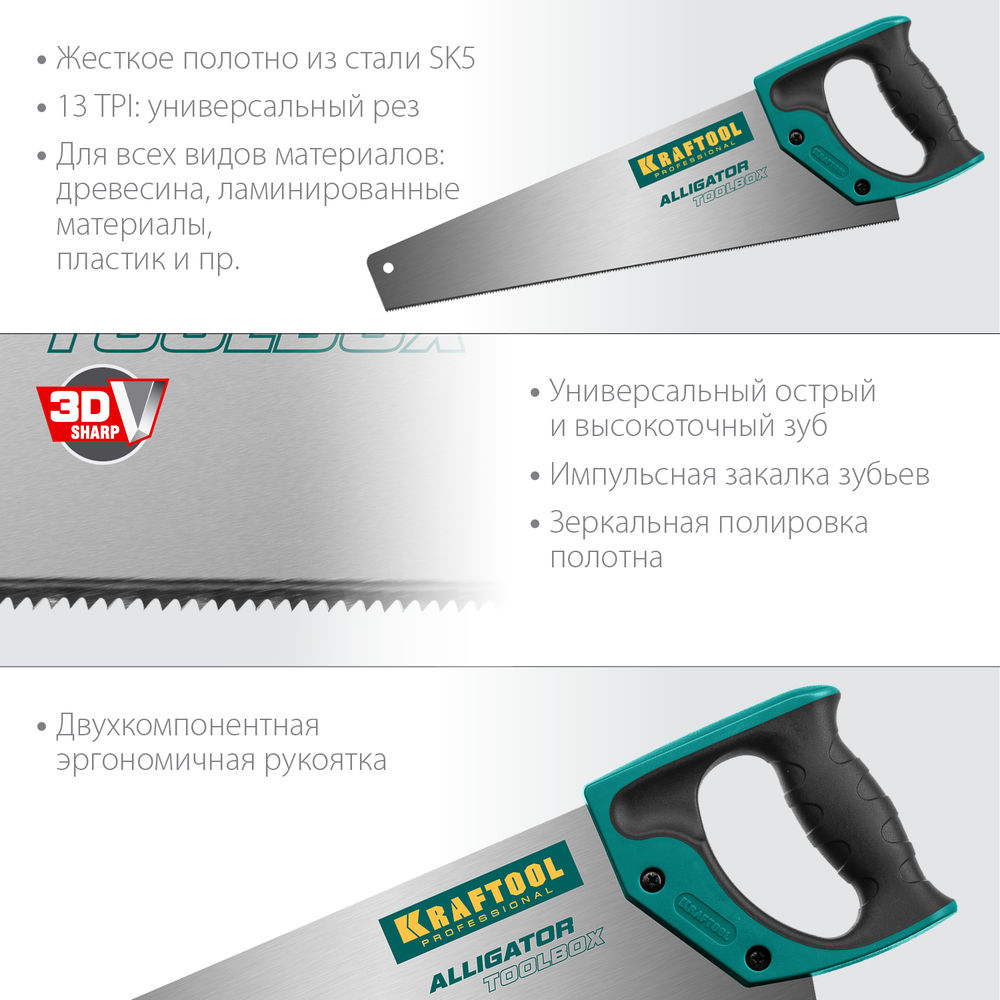 Ножовка по дереву Alligator Toolbox 13, 350 мм KRAFTOOL 15227-35