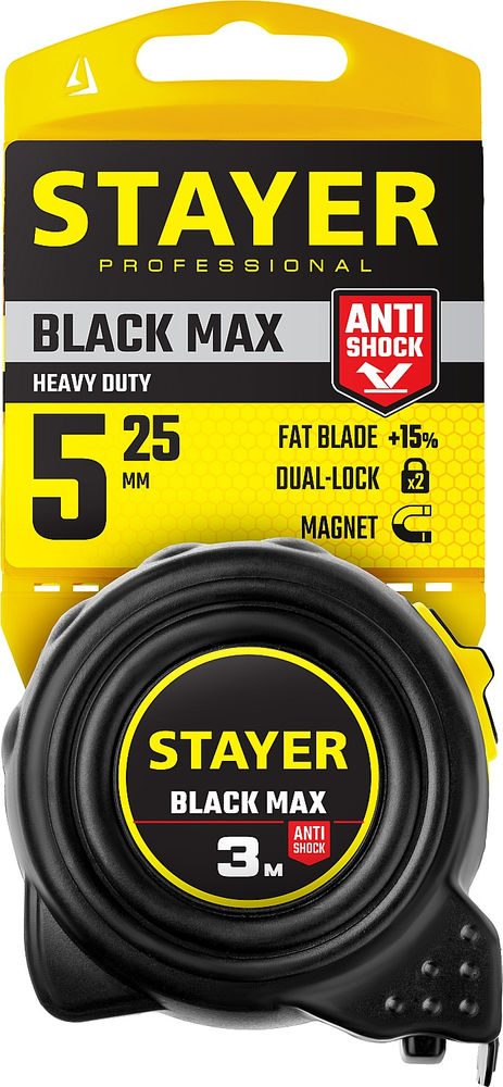 Рулетка с двумя фиксаторами BlackMax 5 м х 25 мм Professional STAYER 3410-05-25
