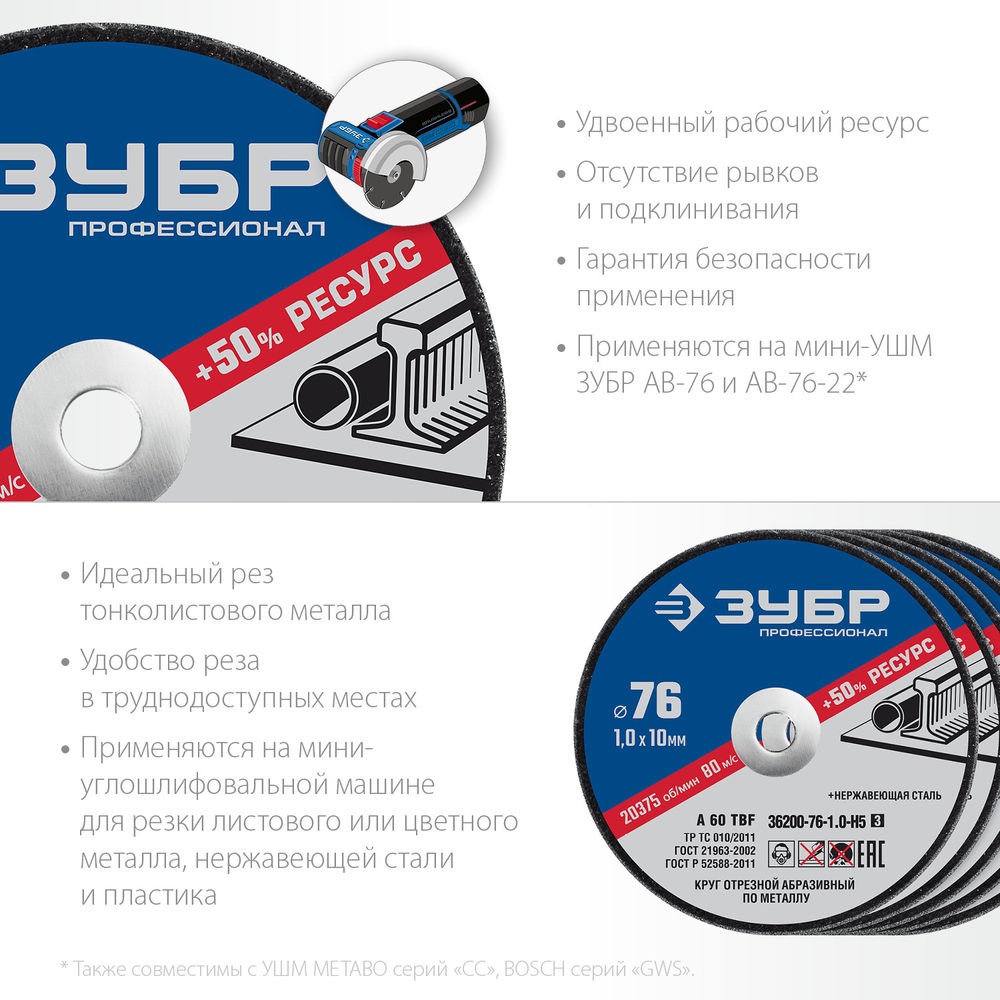 Отрезной круг Х-2 76 x 1.0 мм, для УШМ ЗУБР 36200-76-1.0-H5_z03