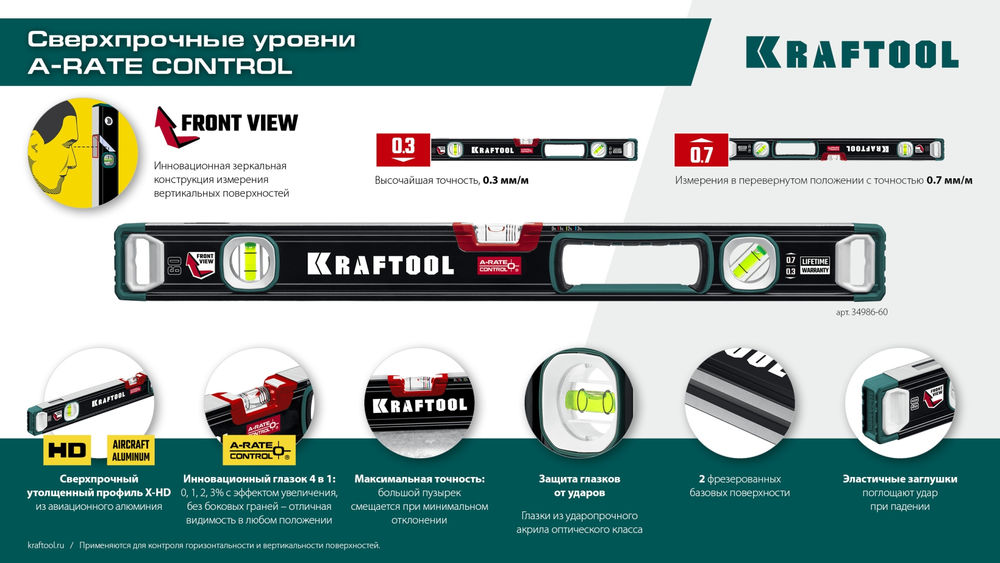 Сверхпрочный уровень A-RATE CONTROL, 2000 мм, точность 0.3 мм/м, с инновационным зеркальным глазком KRAFTOOL 34986-200
