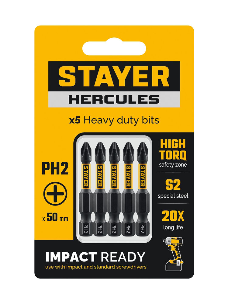 Биты торсионные HERCULES, PH2, 50 мм, 5 шт STAYER 26231-2-50-5