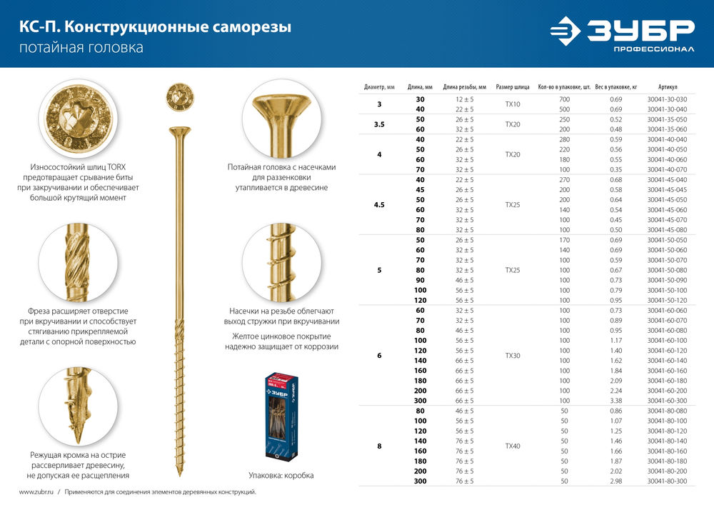 Конструкционный саморез КС-П, 50 х 4.0 мм, TX20, потайная головка, желтый цинк, 220 шт ЗУБР Профессионал 30041-40-050